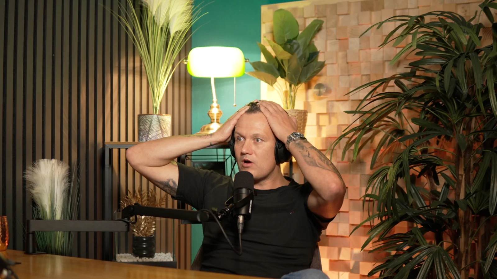 Gast im Gespräch am Mikrofon im Podcaststudio